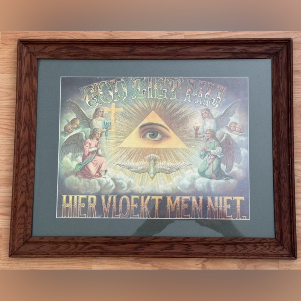 VINTAGE EUROPEAN FOLK ART RELIGIOUS PRINT GOD ZIET MIJ HIER VLOEKT MEN NIET